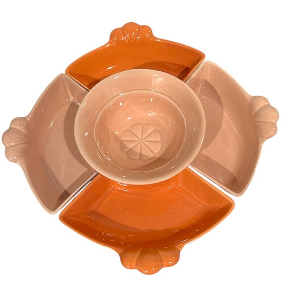 Vintage MCM California Pottery Serving Dish Chip Dip 5 Piece Orange Coral J31 - Picture 5 of 10